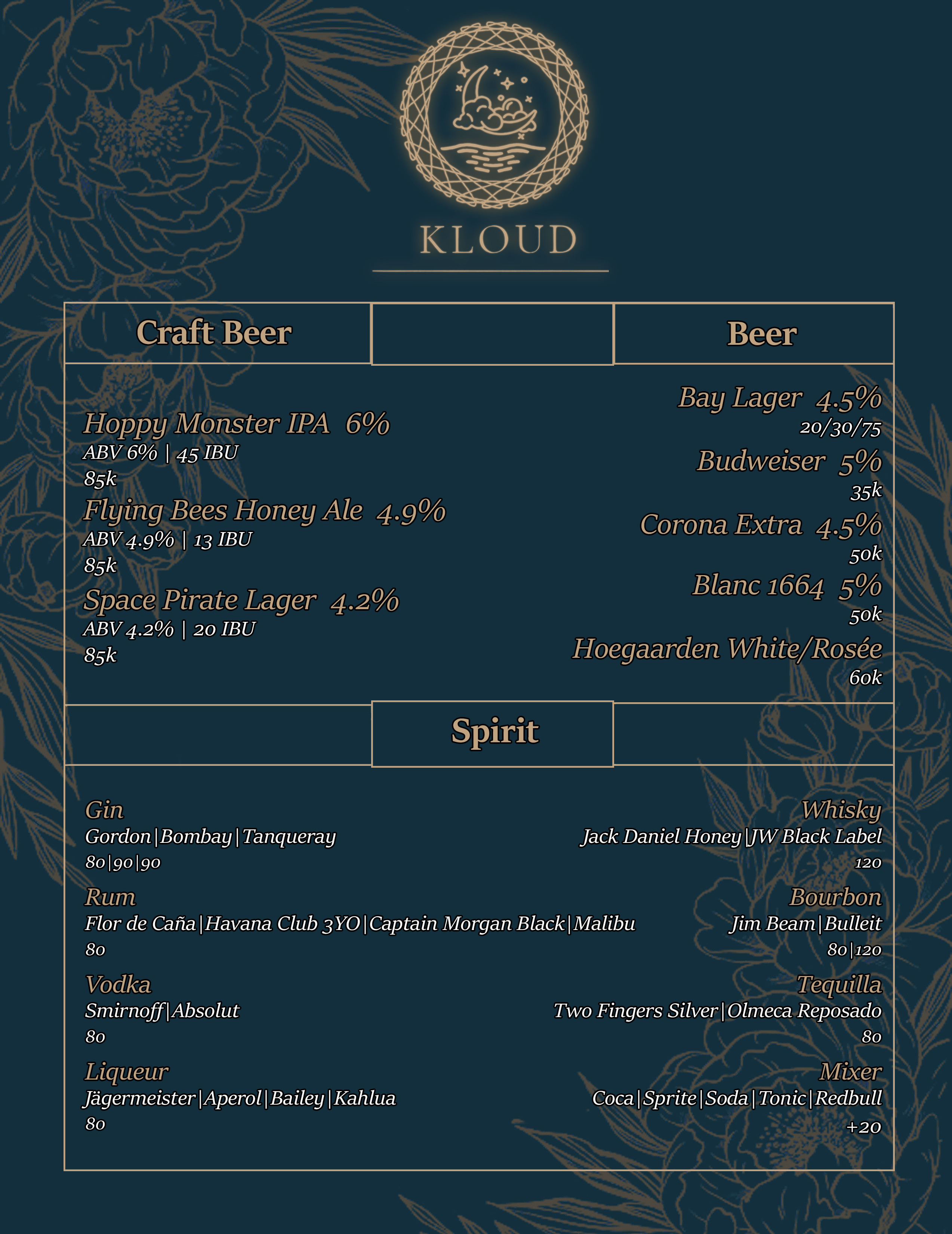 kloud rooftop beer menu
