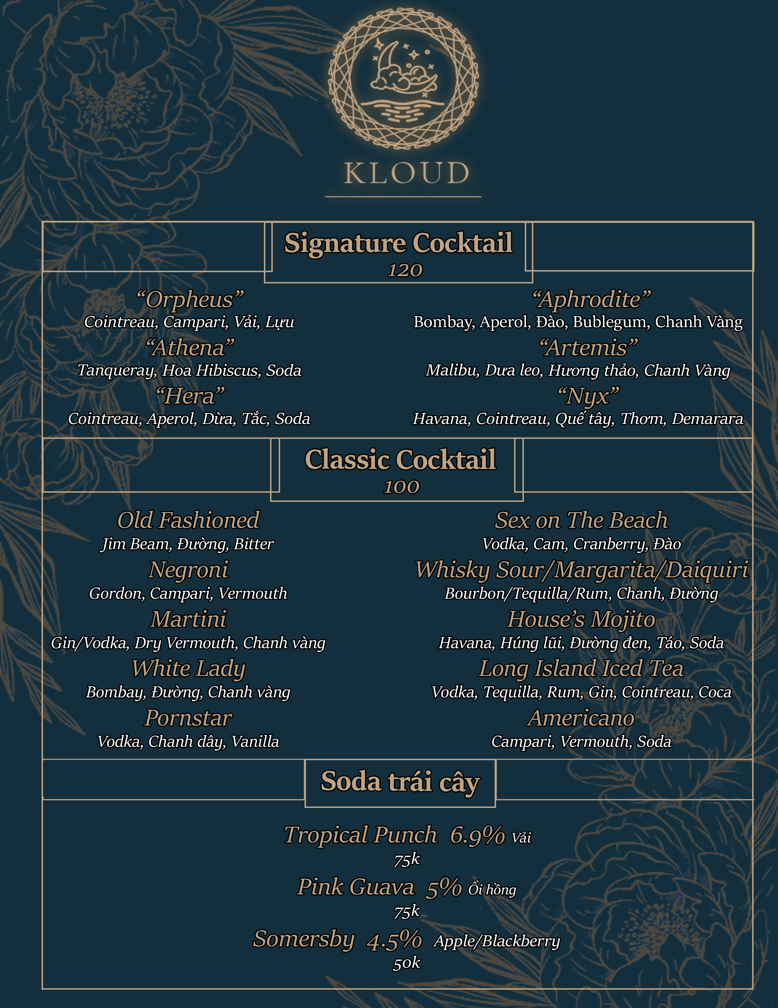 kloud rooftop cocktail menu